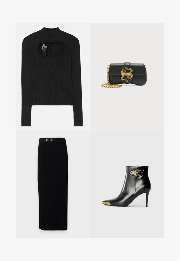 Zwarte geribbelde cropped top met lange mouwen, hoge hals en uitsnijdingen onder de halslijn. Inclusief een band en accenthardware sluiting.; AERON FORUM - Kokerrok - black; Zwarte enkellaars van glanzend leer met een spits toelopende neus, naaldhak en goudkleurige sierhardware met een decoratieve gespdetail.; Zwarte lederen schoudertas met gouden kettingriem en decoratieve gouden slangen gesp met het "Just Cavalli" logo.