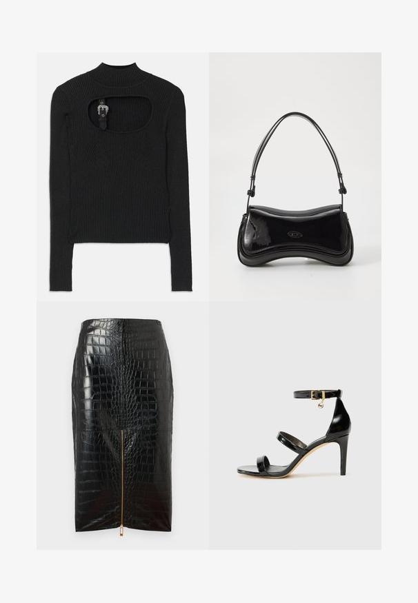 Schwarzes, geripptes Crop-Top mit langen Ärmeln, hohem Kragen und Ausschnitt-Detail unter dem Kragen. Mit einem Riemen und akzentuiertem Hardware-Verschluss.; Schwarzer Bleistiftrock aus Kunstleder mit Krokodilstruktur, ausgestattet mit einem zentralen goldenen Reißverschluss und glatter Oberflächenbeschaffenheit.; Schwarze Lackleder-Sandale mit drei Riemen, Knöchelriemen und 10 cm hohen Stiletto-Absatz. Verfügt über goldfarbene Hardware-Details und ein Logo-Charm.; Schwarze Handtasche aus lackiertem Leder mit einer geschwungenen Form, einem einzelnen Griff und einem runden Boden. Verfügt über ein dezentes Logo-Detail auf der Vorderseite.