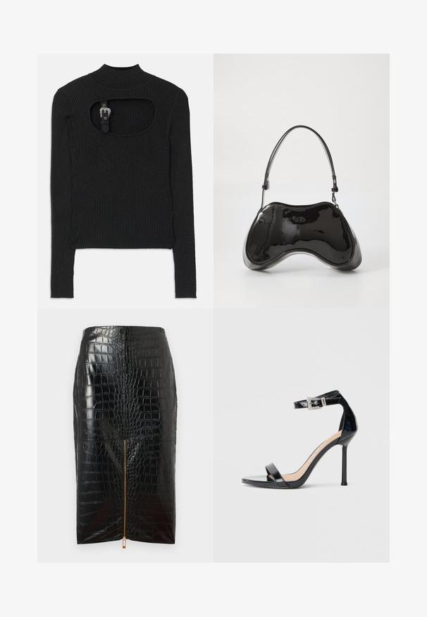 Schwarzes, geripptes Crop-Top mit langen Ärmeln, hohem Kragen und Ausschnitt-Detail unter dem Kragen. Mit einem Riemen und akzentuiertem Hardware-Verschluss.; Schwarzer Bleistiftrock aus Kunstleder mit Krokodilstruktur, ausgestattet mit einem zentralen goldenen Reißverschluss und glatter Oberflächenbeschaffenheit.; Schwarzer Riemchensandale aus Lackleder mit hohem Absatz und Knöchelriemen. Verfügt über ein minimalistisches Design, offene Zehenpartie und eine Schnalle mit Strassakzenten.; Schwarze Handtasche aus lackiertem Leder mit einer einzigartigen, geschwungenen Form, kurzem verstellbarem Griff und einem Reißverschluss oben. Glatte Textur mit dezentem Branding.