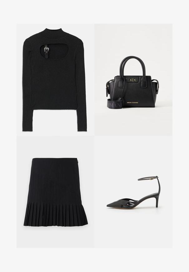 Sort ribbet crop top med lange ærmer, høj hals og udskæringsdetalje under halsudskæringen. Inkluderer en rem og accenthardware-lukning.; Sort plisseret nederdel med sydde diagonale paneler, en tætsiddende talje og en udskåret nederste kant. Materialerne fremstår lette og glatte.; Sort læder højhælet sko med spids tå, åbne sider og en tynd ankelrem med en lille guld detalje.; Sort Armani Exchange håndtaske med dobbelte håndtag, gyldent mærkelogo foran og en bred sort justerbar skulderrem med Armani-tekst.