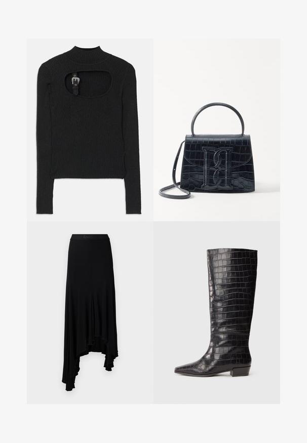 Top court noir à côtes avec des manches longues, col montant et détail découpé sous l'encolure. Comprend une sangle et une fermeture avec accessoires.; Jupe asymétrique noire avec un ourlet ondulé, fabriquée à partir d'un matériau doux et extensible, dotée d'une large ceinture avec un logo en relief.; Bottes noires en cuir montantes avec une texture crocodile, bout pointu et talon bas. Présence d'un logo discret près de la cheville.; Sac à main en cuir noir embossé en crocodile avec un design structuré, une poignée supérieure, une bandoulière ajustable et un détail de logo en avant bien visible.
