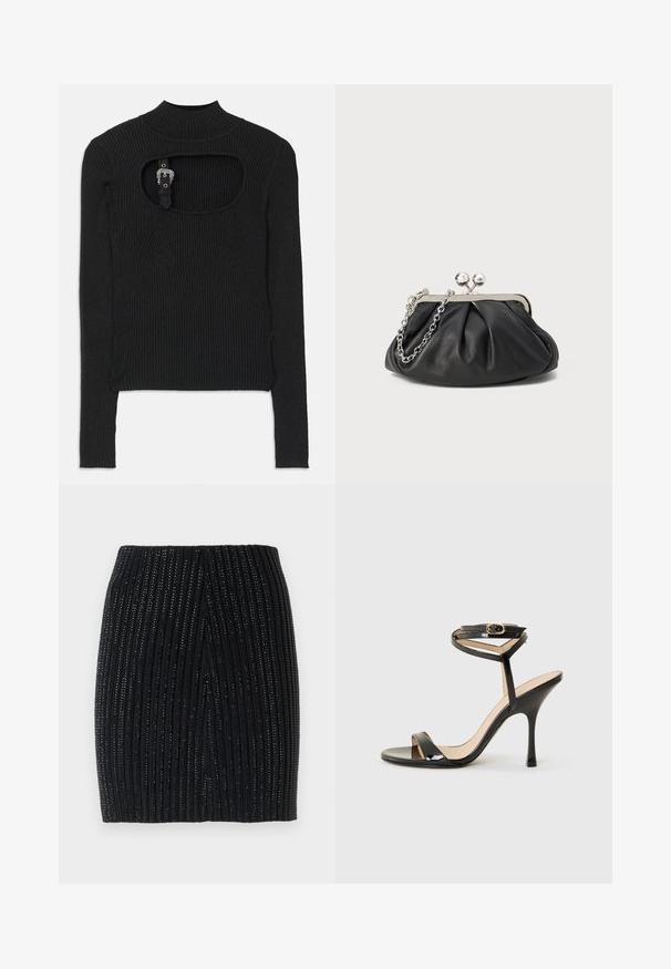 Sort ribbet crop top med lange ærmer, høj hals og udskæringsdetalje under halsudskæringen. Inkluderer en rem og accenthardware-lukning.; Sort strikket mini skirt med lodrette ribber og subtile metallic tråde. Har et tætsiddende design og en centralt bagåbning for let bevægelse.; Sorte patentlæder højhælede sandaler med tynd ankelrem og spænde, åben tå og slank stiletto hæl på hvid baggrund.; Sort læder clutch med samlet tekstur, sølvfarvet metalramme, kys-lås lukning og kædestrop. Glat, blød overflade.