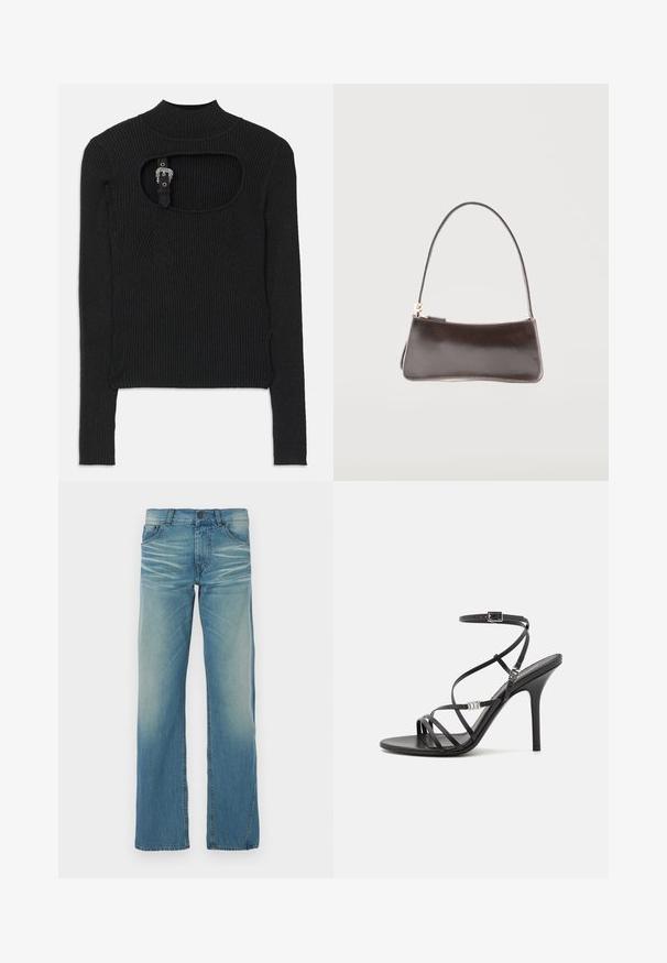 Schwarzes, geripptes Crop-Top mit langen Ärmeln, hohem Kragen und Ausschnitt-Detail unter dem Kragen. Mit einem Riemen und akzentuiertem Hardware-Verschluss.; Helles blaues Denim-Jeans mit geradem Bein, verwaschenem Finish, fünf Taschen und Knopfverschluss. Sichtbare Nähte setzen Akzente.; Schwarze High-Heel-Sandale mit dünnen Riemen, einem Knöchelverschluss, einer glatten Lederoberfläche und einem schlanken Stiletto-Absatz.; Kleine rechteckige dunkelbraune Lederhandtasche mit einem einzelnen Riemen und goldfarbenem Reißverschluss.