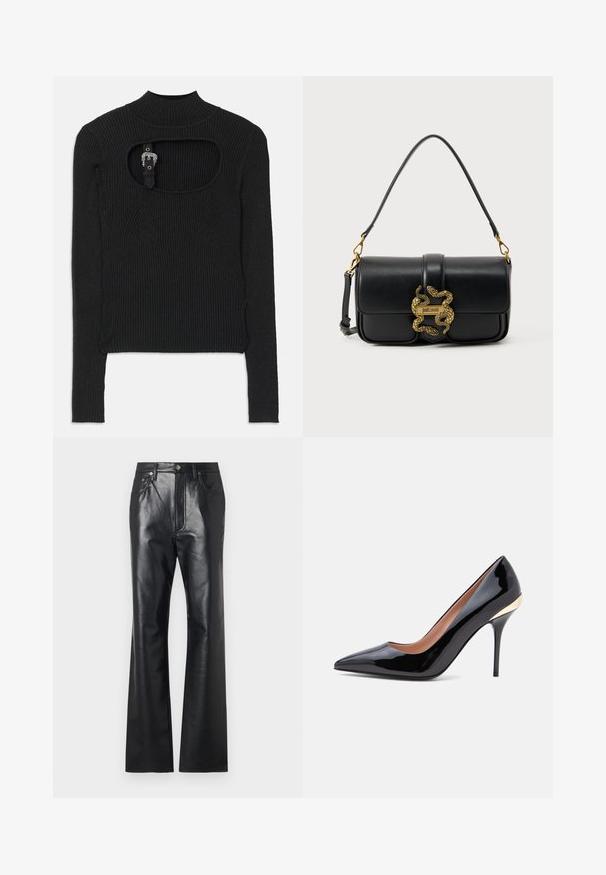 Sort ribbet crop top med lange ærmer, høj hals og udskæringsdetalje under halsudskæringen. Inkluderer en rem og accenthardware-lukning.; Sorte læderbukser med en glat tekstur, design med udvidede ben, lynlås foran og bæltestropper. Har diskrete stikninger som accent.; Sort laklæder pumps med spids tå, tynd stilet hæl og en gulddetalje nær hælkappen.; Sort skuldertaske i læder med guldfarvet dobbelt slange-lås og "Just Cavalli" logo på frontklappen.