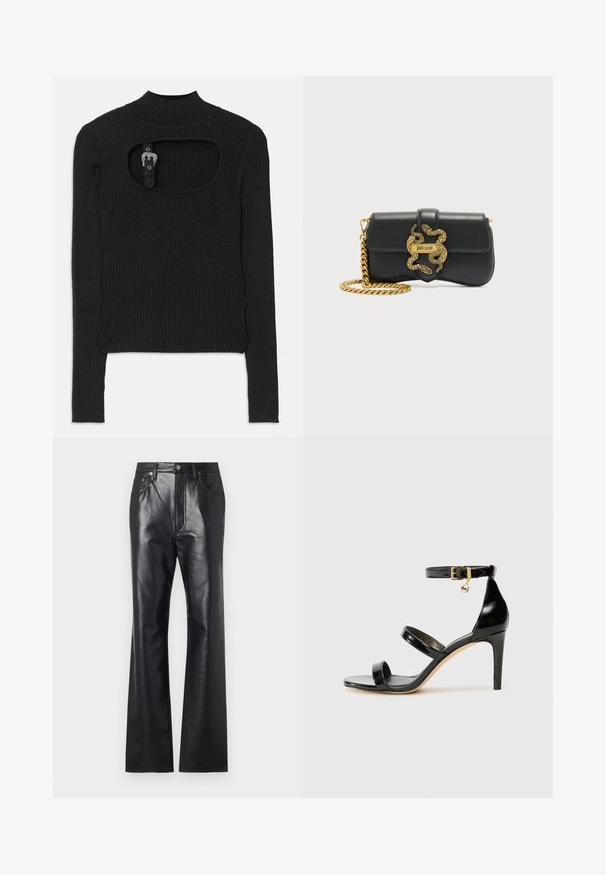 Schwarzes, geripptes Crop-Top mit langen Ärmeln, hohem Kragen und Ausschnitt-Detail unter dem Kragen. Mit einem Riemen und akzentuiertem Hardware-Verschluss.; Schwarze Lederhose mit glatter Textur, ausgestelltem Bein design, Frontreißverschluss und Gürtelschlaufen. Mit dezenten Steppnähten.; Schwarze Lackleder-Sandale mit drei Riemen, Knöchelriemen und 10 cm hohen Stiletto-Absatz. Verfügt über goldfarbene Hardware-Details und ein Logo-Charm.; Schwarze Leder-Umhängetasche mit goldener Kettenriemen und dekorativer goldener Schlangenschnalle mit dem "Just Cavalli"-Logo.