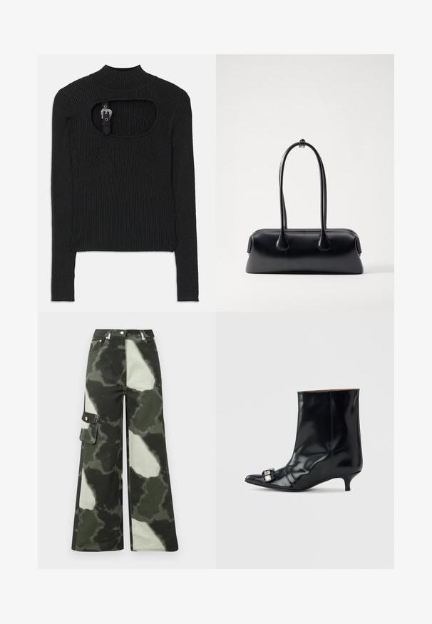 Schwarzes, geripptes Crop-Top mit langen Ärmeln, hohem Kragen und Ausschnitt-Detail unter dem Kragen. Mit einem Riemen und akzentuiertem Hardware-Verschluss.; Weit geschnittene Cargo-Hosen in Dunkelgrün mit einem hellgrauen Camouflage-Muster. Ausgestattet mit einer Seitentasche und einem Metallknopf, besteht aus strapazierfähigem Baumwollmaterial.; Schwarzer Leder-Stiefelette mit spitzem Zehen, niedrigem Kitten-Heel und dekorativer silberner Schnalle seitlich nahe der Zehen.; Osoi BOAT WIDE - Handtasche - black