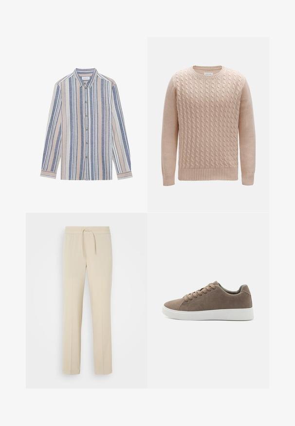 Pull en tricot torsadé beige clair, avec un col rond et des poignets côtelés. Le motif texturé ajoute de la profondeur, confectionné dans un matériau doux et chaud.; Chemise à manches longues avec un col, ornée de rayures verticales bleues, beiges et blanches. Fabriquée dans un tissu texturé, avec un col et des boutons en métal.; Pantalons beiges à taille élastique avec cordon de serrage. Comprend des jambes droites et une texture lisse, adaptés pour un usage décontracté ou pour se détendre.; Baskets en daim marron avec des semelles en caoutchouc blanc plat, design lacé, bout rond et texture lisse. Style minimaliste avec des détails de couture subtils.