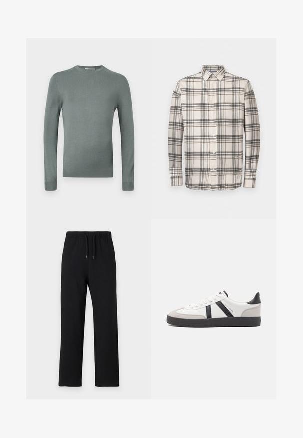 Pull-over long vert clair en tricot doux. Doté d'un col rond et de manches ajustées avec des poignets côtelés. Design uni.; Chemise à manches longues boutonnée en beige avec un motif à carreaux noir et brun. Présente un col classique et des boutons blancs. Texture de tissu douce.; Jack & Jones JPSTKANE JJCHARGE UNCUFFED - Pantalon de survêtement - black; Baskets blanches avec des accents noirs et gris, présentant un embout texturé gris, une semelle en caoutchouc noir et des lacets plats blancs. Design épuré, style minimaliste.