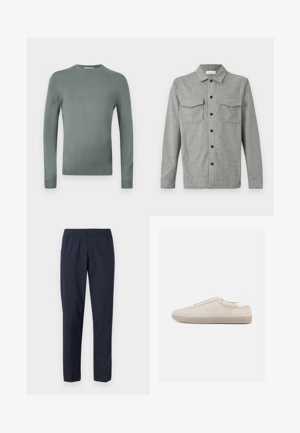 Pull-over long vert clair en tricot doux. Doté d'un col rond et de manches ajustées avec des poignets côtelés. Design uni.; Veste chemise à manches longues en chevrons gris avec des boutons noirs, deux poches avant à rabat et une petite étiquette de marque près de l'ourlet.; Pantalon bleu marine avec une taille élastique, jambes droites, tissu léger et sans poches ni ornements visibles.; Baskets en daim beige avec une tige texturée, un contrefort de talon blanc lisse, de fines lacets et une semelle extérieure en caoutchouc. Présente un design bas profil.