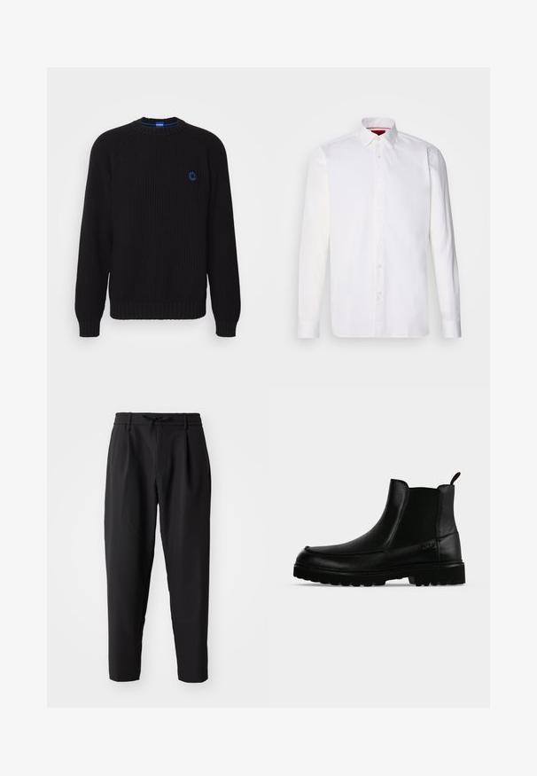 Pull en maille noir avec un col rond, des poignets et un ourlet côtelés, arborant un logo bleu sur la poitrine. Texture lisse, coupe décontractée.; Chemise blanche à manches longues en coton, avec un col classique, une patte de boutonnage à l'avant et une texture lisse. Détail rouge à l'intérieur du col.; Pantalons noirs fuselés avec une taille élastique et un cordon de serrage. Tissu lisse avec une texture légère, présentant des plis et des poches latérales.; Bottine noire en cuir avec semelle texturée, panneaux latéraux élastiques et languette de tirage sur fond gris clair.