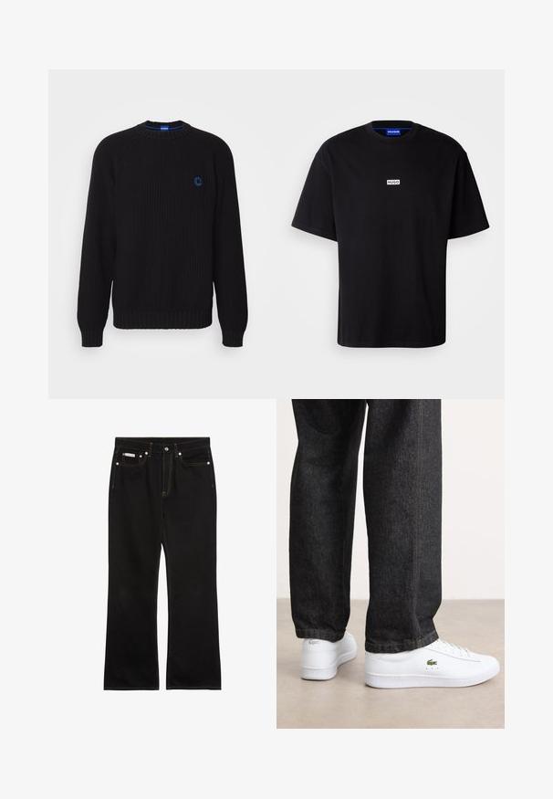 Zwarte gebreide trui met een ronde halslijn, ribbelmanchetten en -zoom, met een blauw logo op de borst. Gladde textuur, casual pasvorm.; Zwarte katoenen t-shirt met een ronde hals, korte mouwen en een witte rechthoekige "HUGO" logo op de borst. Gladde textuur, relaxte pasvorm.; Zwarte jeans met rechte pijpen, oranje stiksels, vijf zakken, knoopsluiting en een klein Calvin Klein-label op de voorste rechterzak.; Witte leren sneakers met een laag profiel en een groen logo, gecombineerd met donkere spijkerbroek met gele stiksels.