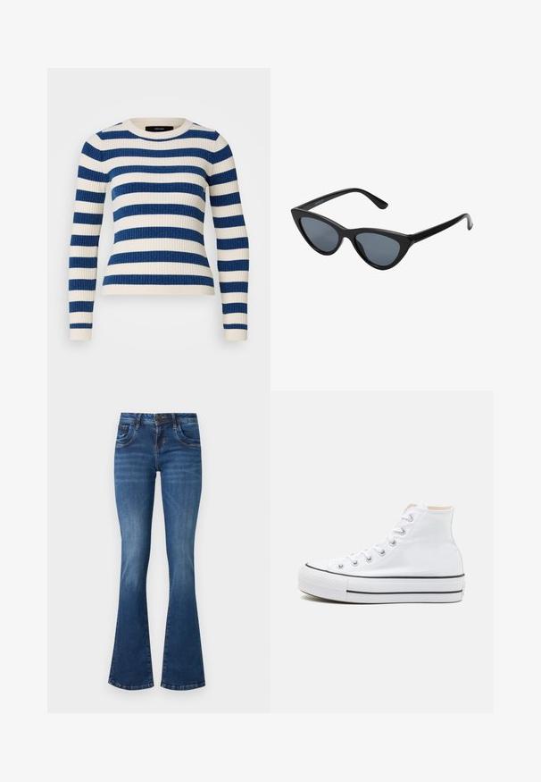 Vero Moda Petite VMCHILI O NECK STRIPE - Svetrík - birch/navy; Rozšírené modré denimové džínsy so stredným umývaním, s klasickým dizajnom piatich vreciek, jemným prešúchaním a posilneným šitím.; Biele vysoké tenisky z plátnovej látky, čierna gumová podrážka a kontrastný čierny pruh na strednej podrážke. Okrúhla špička a zaväzovací dizajn.; Čierne slnečné okuliare v štýle mačacích očí s tmavošedými sklami, elegantným plastovým rámom, špicatými rohmi a rovnými stranami. Bez viditeľného hardvéru alebo akcentov.