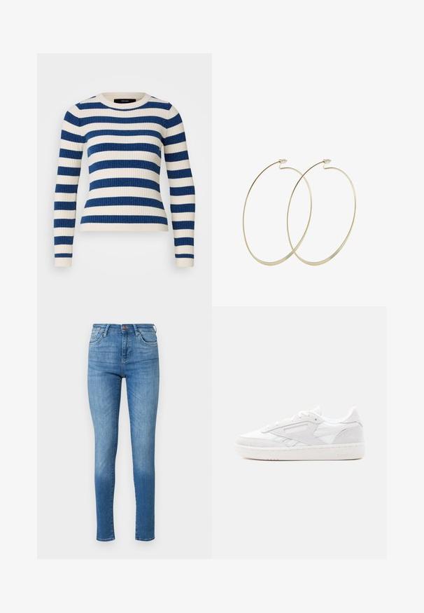 Vero Moda Petite VMCHILI O NECK STRIPE - Svetrík - birch/navy; Chudé džínsy strednej modrej farby. Vysoký pás, päť vreciek, s jemným zafarbovaním. Šitie zvýrazňuje švy a lem.; Biela nízka teniska Reebok s vrstvami zo semišu, šnurovacím dizajnom a textúrovanou gumovou podrážkou na jednoduchom svetlom pozadí.; Pilgrim Náušnice - gold-coloured