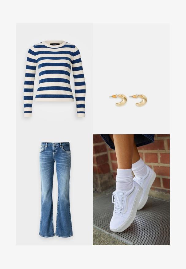Vero Moda Petite VMCHILI O NECK STRIPE - Πουλόβερ - birch/navy; Ανοιχτό μπλε τζιν με φαρδιά γραμμή και ξεθωριασμένο φινίρισμα, πέντε τσέπες, ραμμένες λεπτομέρειες και κλείσιμο με φερμουάρ και κουμπί.; Λευκά καμβά παπούτσια με καουτσούκ σόλες, που διαθέτουν έξι τρυπούλες, στρογγυλή μύτη και λεπτομέρειες από ελαφριά ραφή, σε συνδυασμό με λευκές κάλτσες μέχρι τον αστράγαλο.; Χρυσά σκουλαρίκια σε σχήμα ημισέληνου με λεία επιφάνεια, που διαθέτουν πορτοκαλί λεπτομέρειες κοντά στον κρίκο και ασημένια εξαρτήματα.