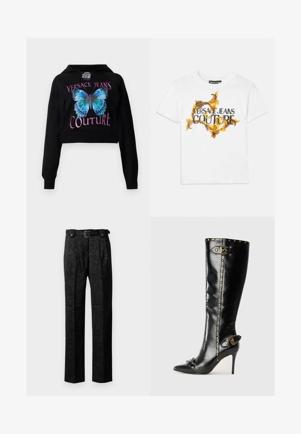 Μαύρη cropped hoodie με γραφικό μπλε πεταλούδας και πράσινες λεπτομέρειες. Το κείμενο αναγράφει "VERSACE JEANS COUTURE" σε μεταλλικό ροζ. Μαλακή υφή.; Λευκό βαμβακερό T-shirt με χρυσό και καφέ μπαρόκ σχέδιο, με την ένδειξη "VERSACE JEANS COUTURE" σε έντονη μαύρη γραφή.; Μαύρο επίσημο παντελόνι με διακριτικό λουλουδάτο μοτίβο, πλαϊνές πιέτες, θηλιές ζώνης και μια διακοσμητική ζώνη με αγκράφα σε απλό φόντο.; Μαύρη δερμάτινη γόβα ψηλοτάκουνη με αιχμηρή μύτη, χρυσές καρφίτσες κατά μήκος του άξονα, μεταλλικό κούμπωμα και διακοσμητική λεπτομέρεια στη φτέρνα.