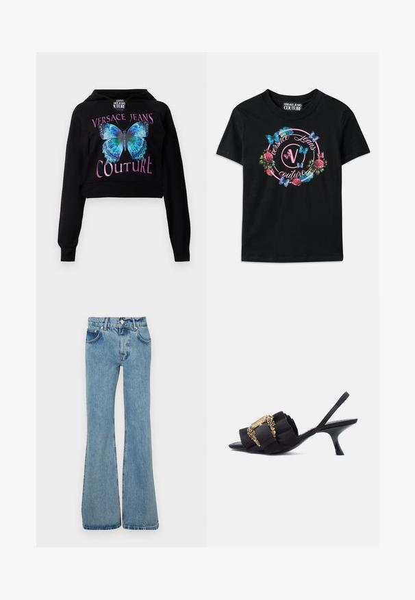 Čierna skrátená mikina s kapucňou so grafickým dizajnom modrého motýľa so zelenými akcentmi. Text znie "VERSACE JEANS COUTURE" v metalickej ružovej. Mäkkučký materiál.; Čierne tričko s farebnou kvetinovou a motýľovou grafikou, so ružovými a modrými akcentmi. Nápis "Versace Jeans Couture" vytlačený v kruhovom dizajne.; Svetlo modré rozšírené džínsy vyrobené z denimu, s vysokým pásom, prednými vreckami a roztrhnutými lemami pre uvoľnený strih.; Čierny slingback na podpätku s mačacím pätníkom, so zviazaným remienkom a zdobený ornátovou zlatou prackou na bielom pozadí.