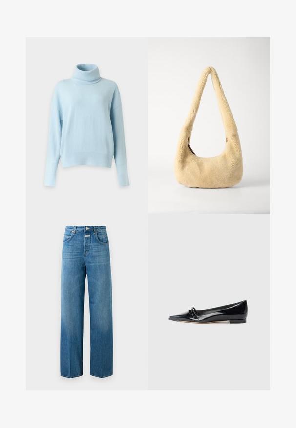 Hellblauer gestrickter Rollkragenpullover mit langen Ärmeln und gerippten Bündchen und Saum, dargestellt vor einem schlichten hellen Hintergrund.; Hochgeschnittene, gerade geschnittene blaue Jeans aus Denim mit vorderen und hinteren Taschen, Knopfverschluss und Gürtelschlaufen auf weißem Hintergrund.; Schwarze Lackleder-Ballerina mit spitzem Zehenbereich, kleinem dekorativen Riemen und niedrigem Blockabsatz. Glatte Textur und elegantes Design.; Beige Shearling Schultertasche mit einem gebogenen Griff und einer runden Form. Die Textur ist weich und plüschig, mit minimalen Hardware-Akzenten.