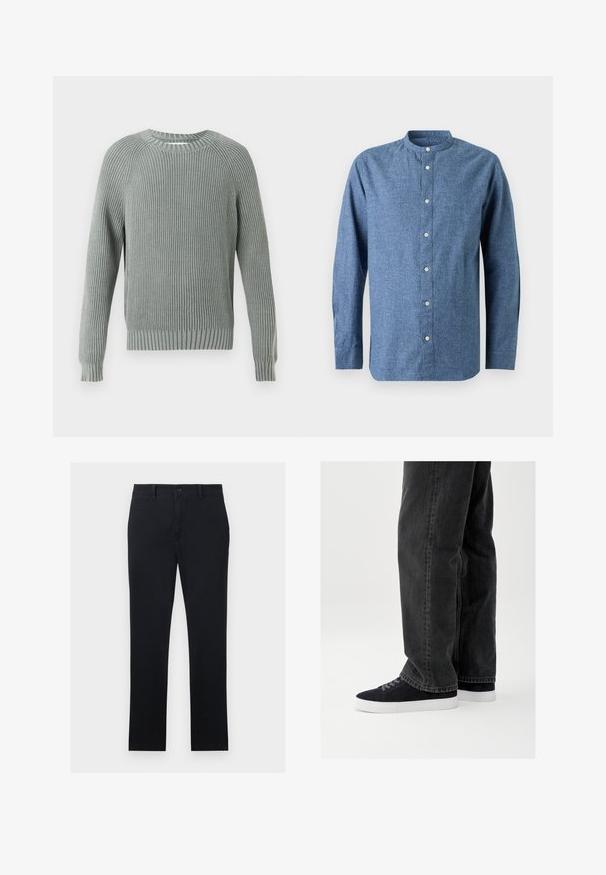 Hellgrüner, gerippter Pullover mit langen Ärmeln, rundem Ausschnitt und strukturiertem Finish. Verfügt über horizontale Rippungen und eng anliegende Ärmelbündchen.; Blaues langärmliges Hemd mit Stehkragen und weißen Knöpfen, vor hellem Hintergrund präsentiert.; Schwarze Chinos aus Baumwollgewebe, mit geraden Beinen, einem Vorderknopfverschluss und zwei Seitentaschen. Glatte Textur, minimale Details.; Schwarze Jeans aus Denim mit lockerem Schnitt, kombiniert mit marineblauen Wildleder-Sneakern mit weißen Gummisohlen und schwarzen Schnürsenkeln. Einfaches und modernes Design.