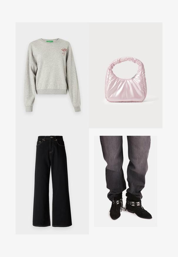 Hellgrauer, cropped Sweatshirt aus weichem Stoff, mit langen Ärmeln, gerippten Bündchen und einem kleinen, roten, gestickten Cherubim-Design auf der Brust.; Schwarze weit geschnittene Jeans aus Denim, mit kontrastierendem gelben Nähten, fünf Taschen und einem Knopfverschluss an der Taille.; Schwarze Wildleder-Ankle Boots mit Fransenverzierungen, silbernen dekorativen Akzenten und spitzem Zehenbereich, kombiniert mit lockeren grauen Jeans.; Rosa, gepolsterte Handtasche mit abgerundeter Form, aus glänzendem Material gefertigt. Verfügt über einen gerafften Griff und einen Reißverschluss für sicheren Zugang.