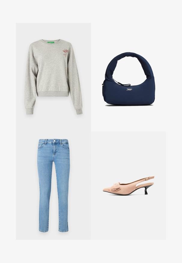 Harmaa lyhyt sweatshirt pehmeästä kankaasta, jossa on pitkät hihat, resorikuvioiset hihansuut ja pieni punainen brodeerattu serafi-kuvio rintamuksessa.; Vaaleansiniset farkut, joissa on suora leikkaus, viisi taskua ja näkyvät ompeleet. Varustettu napin sulkimella ja vyölenkeillä vyötäröllä.; Beigen värinen, slingback-mallinen kitten-heel-kenkä, jossa on kärjestä terävä muoto, koristeellinen rusetti edessä ja säädettävä kultainen solkiremmi.; Laivastonsininen pehmustettu olkalaukku, jossa on kaareva kahva ja etutasku vetoketjulla, jossa on valkoinen "tommy jeans" -logo keskellä edessä.