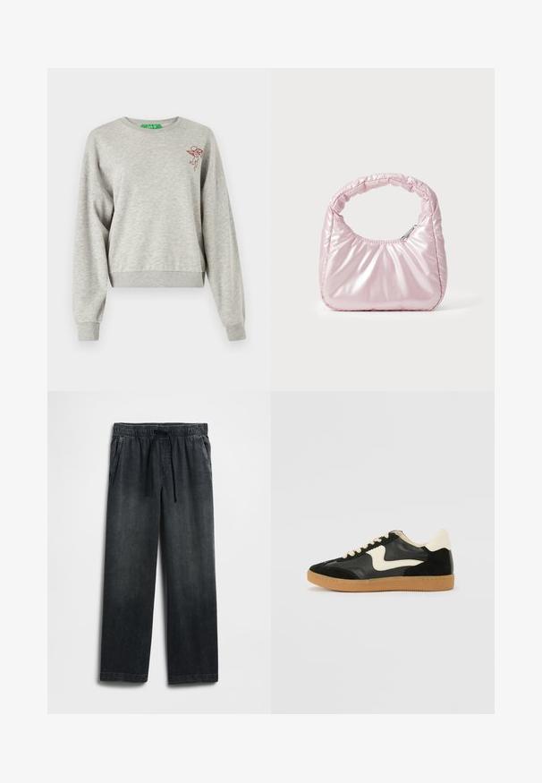 Hellgrauer, cropped Sweatshirt aus weichem Stoff, mit langen Ärmeln, gerippten Bündchen und einem kleinen, roten, gestickten Cherubim-Design auf der Brust.; Schwarze Jeanshose mit einem elastischen Bund und Kordelzug, weitem Bein und dezentem Used-Effekt. Mit zwei Seitentaschen.; Schwarze Wildleder- und Leder-Sneaker mit einem cremefarbenen Seiten-Swoosh und einer hellcremefarbenen Ferse. Ausgestattet mit beige Schnürsenkeln und einer Gummilaufsohle.; Rosa, gepolsterte Handtasche mit abgerundeter Form, aus glänzendem Material gefertigt. Verfügt über einen gerafften Griff und einen Reißverschluss für sicheren Zugang.
