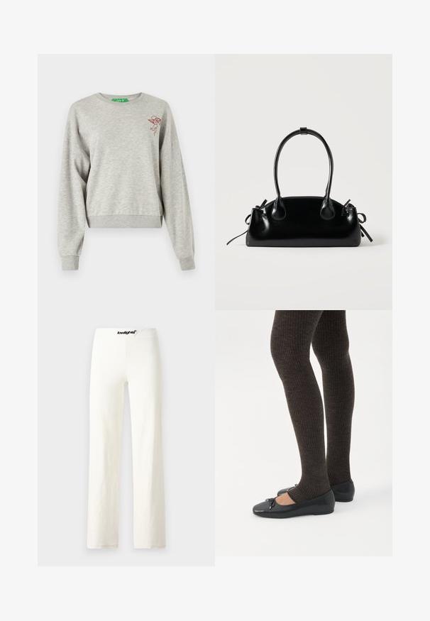 Sweatshirt court gris clair en tissu doux, avec des manches longues, des poignets côtelés et un petit motif de chérubin rouge brodé sur la poitrine.; Pantalons larges en coton blanc avec une texture lisse, présentant une taille avec un logo noir et un design simple et minimaliste.; Jambes portant des leggings côtelés foncés associés à des ballerines noires avec de petits détails en nœud sur fond blanc.; Petit sac à main noir brillant avec deux longues anses et des détails à cordon sur les côtés sur un fond clair uni.