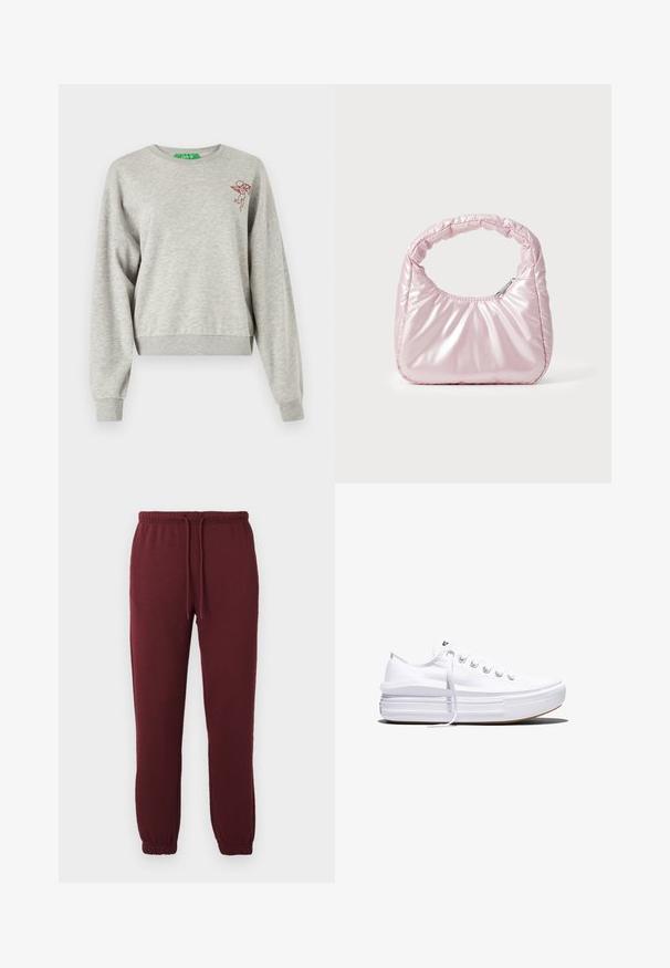 Sudadera corta de color gris claro, hecha de una tela suave, con mangas largas, puños acanalados y un pequeño diseño de un querubín bordado en rojo en el pecho.; Pantalones de chándal burdeos con cintura elástica, cordón, bolsillos laterales y puños elásticos sobre un fondo blanco liso.; Zapatilla blanca de lona de perfil bajo con suela gruesa de plataforma, cierre de cordones en el frente y puntera de goma texturizada, mostrada de perfil.; Bolso de mano acolchado en color rosa con un diseño redondeado, fabricado en material brillante. Presenta un asa fruncida y un cierre de cremallera para un acceso seguro.