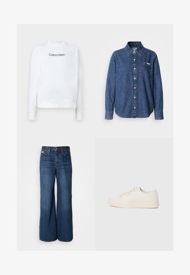 Hvid sweatshirt lavet af blødt stof, med rund hals og lange ærmer. Forsiden viser "Calvin Klein" logoet i sort.; Blå denimskjorte med lange ærmer, knaplukning foran, krave, enkelt brystlomme og diskrete syningsdetaljer. Glat tekstur og afslappet pasform.; Bredde jeans lavet af mørkeblåt denim. Funktioner inkluderer en høj talje, fem lommer og kontrasterende orange syninger langs sømmene.; Sneakers lavet af off-white canvas, med et low-top design, rund tå og flad gummisål med diskrete syninger.