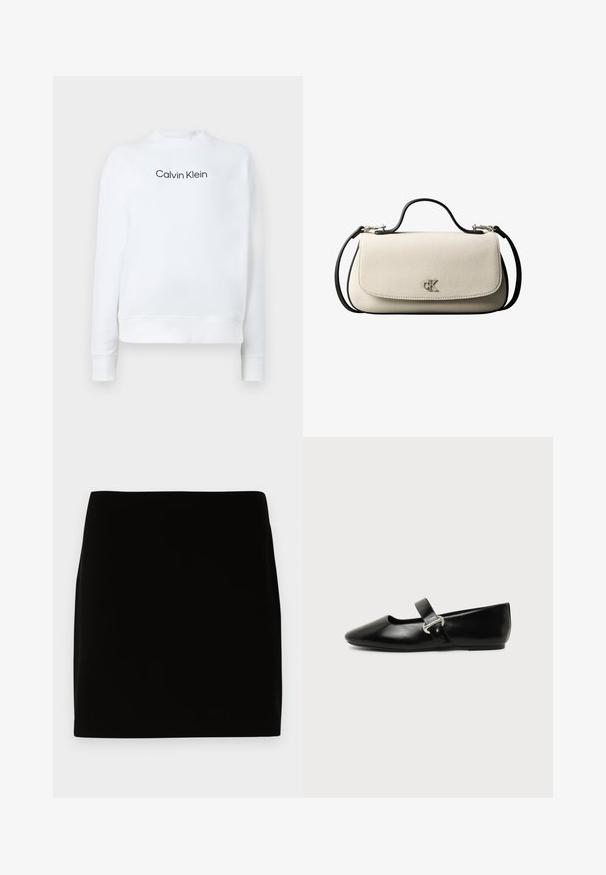 Sweatshirt blanc en tissu doux, avec un col rond et des manches longues. L'avant présente le logo "Calvin Klein" en noir.; Jupe mini noire en tissu lisse, présentant un design simple sans coutures ni ornements visibles. Lignes épurées et coupe droite.; Chaussure plate Mary Jane en cuir noir avec bout arrondi et bride à boucle argentée sur fond uni.; Sac à main rectangulaire crème avec bandoulière et poignée noires, fermeture à rabat à l'avant, et petit logo argenté « cK » au centre devant.