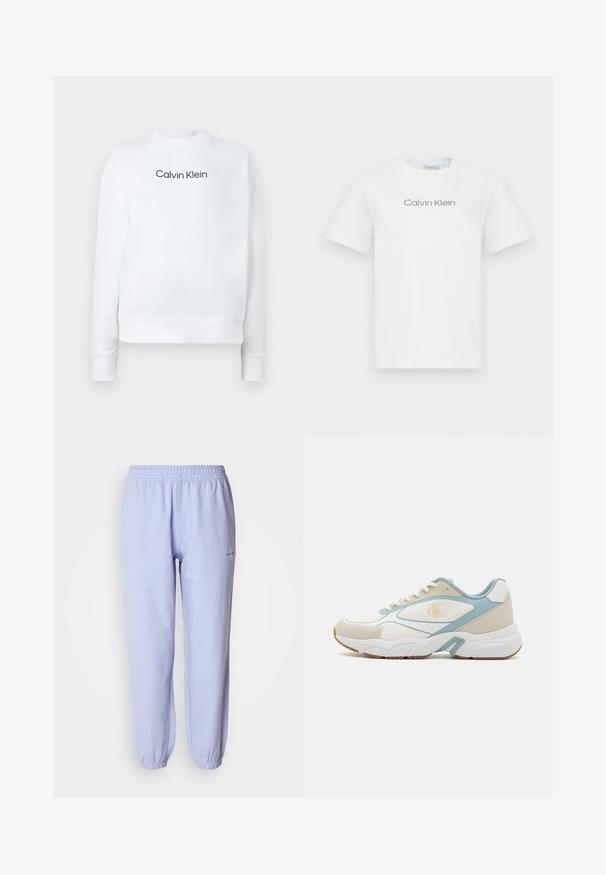 Sudadera blanca hecha de tejido suave, con cuello redondo y mangas largas. En la parte frontal destaca el logo de "Calvin Klein" en negro.; Camiseta de algodón blanca con cuello redondo y mangas cortas. Muestra el texto "Calvin Klein" en gris a lo largo del pecho.; Pantalones de chándal de algodón azul claro con cintura elástica, tobillos ajustados y un pequeño logotipo bordado en el costado. Textura suave.; Zapatilla blanca y azul claro con materiales de malla y sintéticos, que cuenta con una suela texturizada, forma redondeada y acentos con patrones.