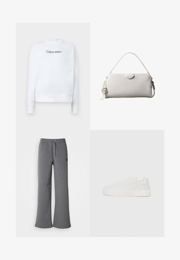 Valge dressipluus pehmest kangast, millel on ümara kaelusega ja pikad varrukad. Ees on musta värvi "Calvin Klein" logo.; Hallid hallid dressipüksid, mis on valmistatud pehmest kangast, omavad nööriga vööd, laiu jalgu ja diskreetset logo detaili külgedel.; Valged madalad tennisekingad lameda tallaga, siledast sünteetilisest ülasest, ümmarguse nina ja tooni õmblustega. Omab nööridega kinnitamist ja külgsuunalist brändingut.; Valge ristkülikukujuline Calvin Kleini käekott ühe käepidemega, minimalistliku disainiga ja dekoratiivsete tutikestega, mille küljes on geomeetrilise metallist ripats.