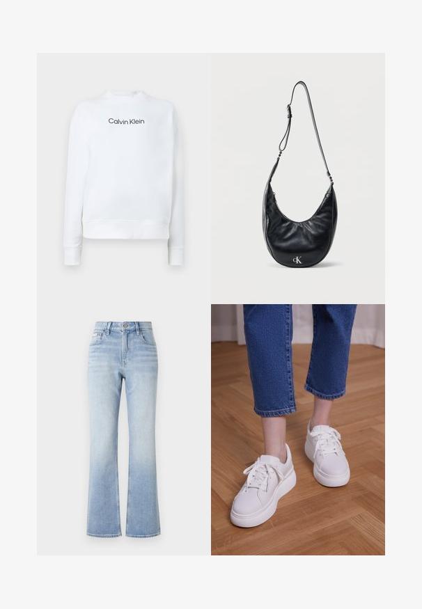 Sudadera blanca hecha de tejido suave, con cuello redondo y mangas largas. En la parte frontal destaca el logo de "Calvin Klein" en negro.; Jeans acampanados de mezclilla azul claro con cintura alta, costuras en contraste, bolsillos frontales y un sutil efecto de desgaste hacia el dobladillo.; Piernas con vaqueros azules recortados y zapatillas blancas con cordones y plataforma, de pie sobre un suelo de madera clara.; Bolso de hombro de cuero negro con forma de media luna, con correa ajustable y logo "cK" plateado en la parte frontal, sobre un fondo blanco liso.