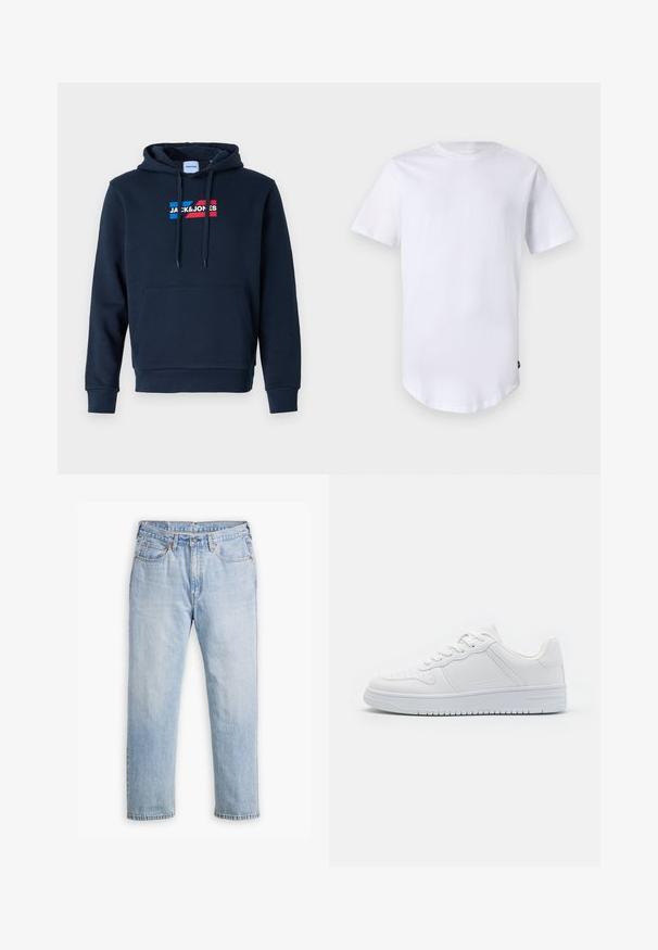 Marineblauwe hoodie met een voorkant kangaroo zak, een capuchon met trekkoord en een logo in rood en blauw, met een zachte, gladde textuur en geribbelde manchetten.; Witte katoenen t-shirt met korte mouwen. Rond de hals ontwerp met een gebogen zoom. Label zichtbaar aan de onderste linkerzijde. Gladde textuur.; Lichtblauwe denim jeans met een recht model, vijf zakken en contrasterende stiksels. Knopen- en ritssluiting bij de taille.; Witte sneakers van glad synthetisch materiaal, met platte veters, geperforeerde neus en een rubberen zool met een gestructureerd grippatroon.
