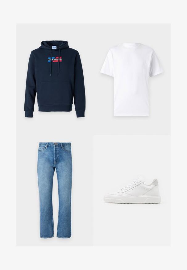 Σκούρο μπλε hoodie με μπροστινή τσέπη καγκουρό, κουκούλα με κορδόνι και λογότυπο σε κόκκινο και μπλε χρώμα, με απαλή και λεία υφή και ριμπ μανσέτες.; Λευκό κοντομάνικο μπλουζάκι από βαμβάκι με στρογγυλή λαιμόκοψη, διαθέτοντας λεία υφή και απλό σχέδιο χωρίς μοτίβα ή διακοσμήσεις.; Ένα φωτεινό μπλε τζην παντελόνι με ίσια γραμμή, διαθέτει κλασικό σχέδιο πέντε τσεπών, κουμπί κλεισίματος και αντίθετη ραφή.; Λευκά δερμάτινα αθλητικά παπούτσια με απλή επιφάνεια, στρογγυλή μύτη, επίπεδα κορδόνια και ανάγλυφη σόλα. Γκρι σουέτ λεπτομέρεια στη φτέρνα.
