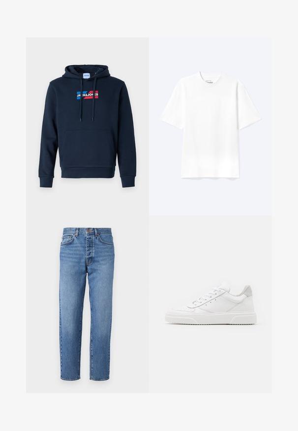 Σκούρο μπλε hoodie με μπροστινή τσέπη καγκουρό, κουκούλα με κορδόνι και λογότυπο σε κόκκινο και μπλε χρώμα, με απαλή και λεία υφή και ριμπ μανσέτες.; Απλό λευκό T-shirt με κοντά μανίκια και στρογγυλή λαιμόκοψη, σε άνετη εφαρμογή, παρουσιασμένο σε ανοιχτό φόντο.; Ανοιχτό μπλε τζιν παντελόνι με ίσια γραμμή, πέντε τσέπες και κουμπωτή ζώνη. Φθαρμένη υφή με ελαφριά φθορά στο μπροστινό μέρος.; Λευκά δερμάτινα αθλητικά παπούτσια με απλή επιφάνεια, στρογγυλή μύτη, επίπεδα κορδόνια και ανάγλυφη σόλα. Γκρι σουέτ λεπτομέρεια στη φτέρνα.
