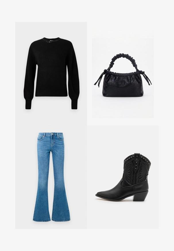 Schwarzer gestrickter Pullover mit rundem Ausschnitt, langen Ärmeln und gerippten Bündchen. Mit dekorativen Perlen um den Kragen.; Blaue Denim-Jeans im Schlagstil mit mittelhohem Bund, fünf Taschen, einem normalen Knopfverschluss und leichter Verblassung für Textur.; Schwarze Leder-Cowboystiefel mit spitzen Zehen, dekorativer Stickerei und metallischen Nieten entlang der oberen Kante. Gestapelte Ferse und strukturierte Oberfläche.; Schwarze Handtasche mit Krokodilstruktur, gerafftem oberen Rand, zusammengezogenem Griff und Zugkordeln mit Quasten an jeder Seite vor weißem Hintergrund.