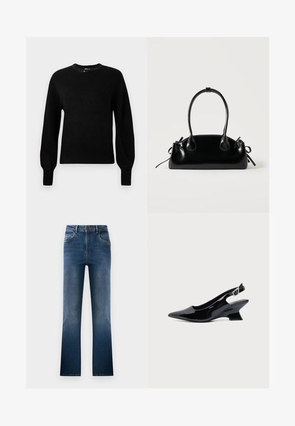 Sort strikket trøje med rund halsudskæring, lange ærmer og ribbede manchetter. Har dekorative perler omkring kraven.; Mørkeblå denim jeans med flare, der har en falmet vask, fem lommer og bæltestropper. Klassisk design med knaplukning foran.; Sort laklæder slingback sko med spids tå og lav vinklet blokhæl på ensartet lys baggrund.; Lille sort blank håndtaske med to lange håndtag og snøre-detaljer i siden på en ensfarvet lys baggrund.