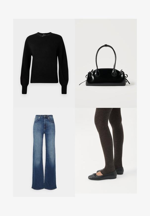 Sort strikket trøje med rund halsudskæring, lange ærmer og ribbede manchetter. Har dekorative perler omkring kraven.; Bredde ben jeans i mellemblå denim. Højtaljede med en glat overflade, falmede foran og subtile syninger. Lukket i taljen med en knap.; Ben iført mørke ribbede leggings kombineret med sorte balletsko med små sløjfedetaljer på hvid baggrund.; Lille sort blank håndtaske med to lange håndtag og snøre-detaljer i siden på en ensfarvet lys baggrund.