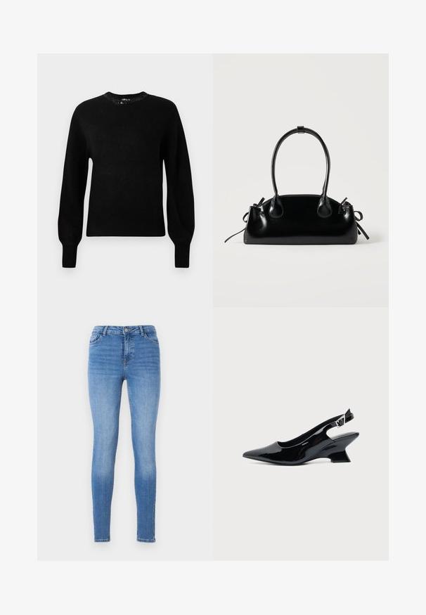 Sort strikket trøje med rund halsudskæring, lange ærmer og ribbede manchetter. Har dekorative perler omkring kraven.; Slanke jeans i lyseblå denim med mellemhøj talje, fem-pockets design og tonal syning med en glat tekstur.; Sort laklæder slingback sko med spids tå og lav vinklet blokhæl på ensartet lys baggrund.; Lille sort blank håndtaske med to lange håndtag og snøre-detaljer i siden på en ensfarvet lys baggrund.