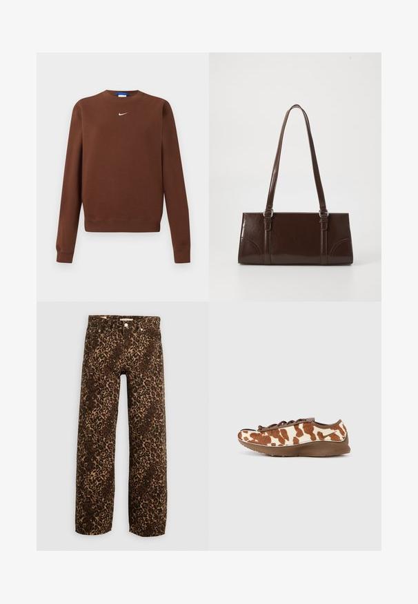 Brun Nike sweatshirt med lange ærmer, rund hals og lille hvid Nike swoosh-logo midt på brystet.; Bordeaux og tan leopardprint brede benjeans. Fremstillet af denim, med et klassisk fem-lomme design og metalhardwaredetaljer.; Brun og cremefarvet mønstret sneaker med en blød, tekstureret overdel og en glat brun sål. Har snøredesign og diskret branding.; Brun lakeret håndtaske med rektangulær form, to lange håndtag og subtile buede detaljer på fronten.