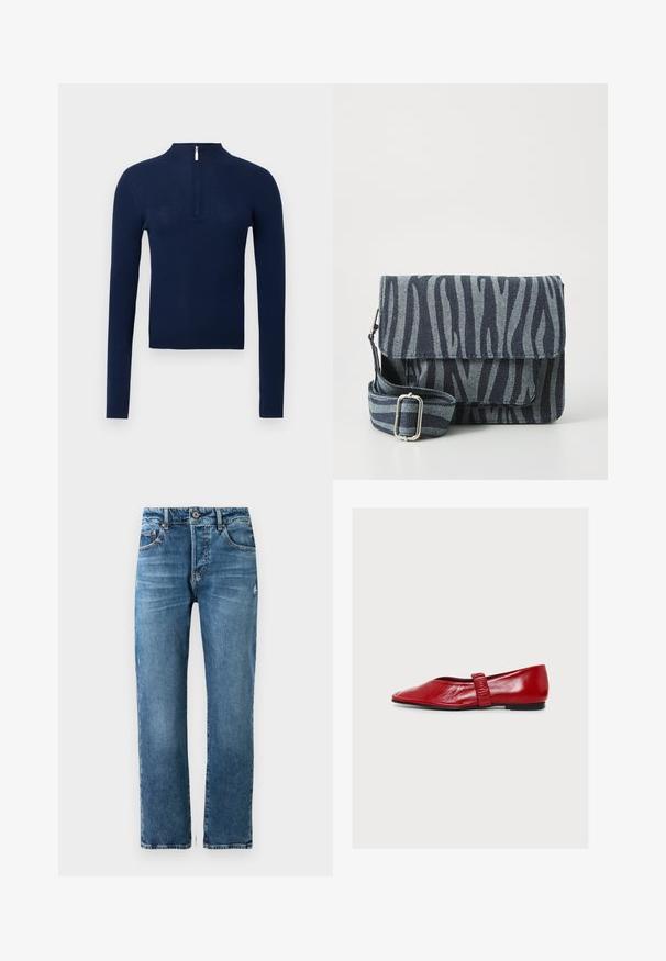 Mørkeblå ribstrikket sweater med høj krave og halv lynlås foran. Lange ærmer, tekstureret stof og tætsiddende design.; Herre blå denim jeans med lige pasform, fem lommer og knaplukning. Har let falmning og syet detaljer.; Rød læder flad sko med en rundet tå og en rynket rem over toppen, sat mod en ensfarvet hvid baggrund.; Stribet zebra-mønsteret stof crossbody taske i mørkeblå og lyseblå, med klaplukning og justerbar rem. Tekstur-materiale i denim.