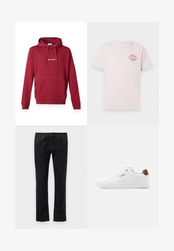 Rød bomulds hoodie med en frontlomme, snor i hætten, ribbede manchetter og broderet "Originals Studio" logo på brystet.; Lyserød T-shirt med korte ærmer og en rød diamantformet grafik med teksten "Miami Replay Palace Florida" på den øverste venstre bryst.; Sorte denim jeans med et lige ben-design, der har fem lommer, diskret slidmærker og orange syninger som detaljer.; Hvid lavtop-sneaker med hvide snørebånd, perforerede detaljer, "Wrangler"-logo på siden og brun hælaccents på ensfarvet baggrund.