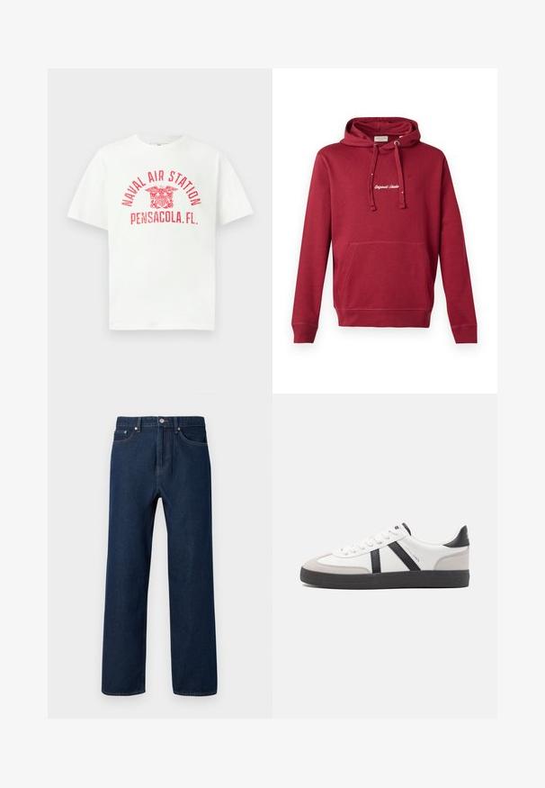 Rød bomulds hoodie med en frontlomme, snor i hætten, ribbede manchetter og broderet "Originals Studio" logo på brystet.; Hvid T-shirt med korte ærmer med rød tekst "NAVAL AIR STATION PENSACOLA, FL." og et ørneemblem i midten foran.; Mørkeblå denim jeans med lige pasform, fem lommer og synlige stikninger. Har knaplukning og bæltestropper.; Hvide sneakers med sorte og grå detaljer, med en tekstureret grå tåhætte, sort gummisål og flade hvide snørebånd. Rent design, minimalistisk stil.