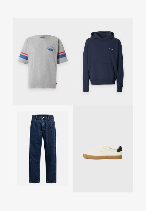 Tmavomodrá pulóverová mikina s kapucňou, predným vreckom a malým bielym logom "Abercrombie" na ľavej strane hrudníka, zobrazená na jednoduchom pozadí.; Sivá bavlnená tričko s krátkymi rukávmi, ktoré má modré a červené pruhy na rukávoch a logo "Ford Motor Co" v modrej farbe na hrudi.; Tmavo modré džínsy s rovnými nohavicami. Obsahujú viditeľné švy, zapínanie na gombík a predné skladanie pre zvýraznenie detailov.; Biele plátenné tenisky s gumovou podrážkou, čiernym akcentom na päte, okrúhlou špičkou a šnurovacími detailmi. Na boku sa nachádza zlaté logo značky.
