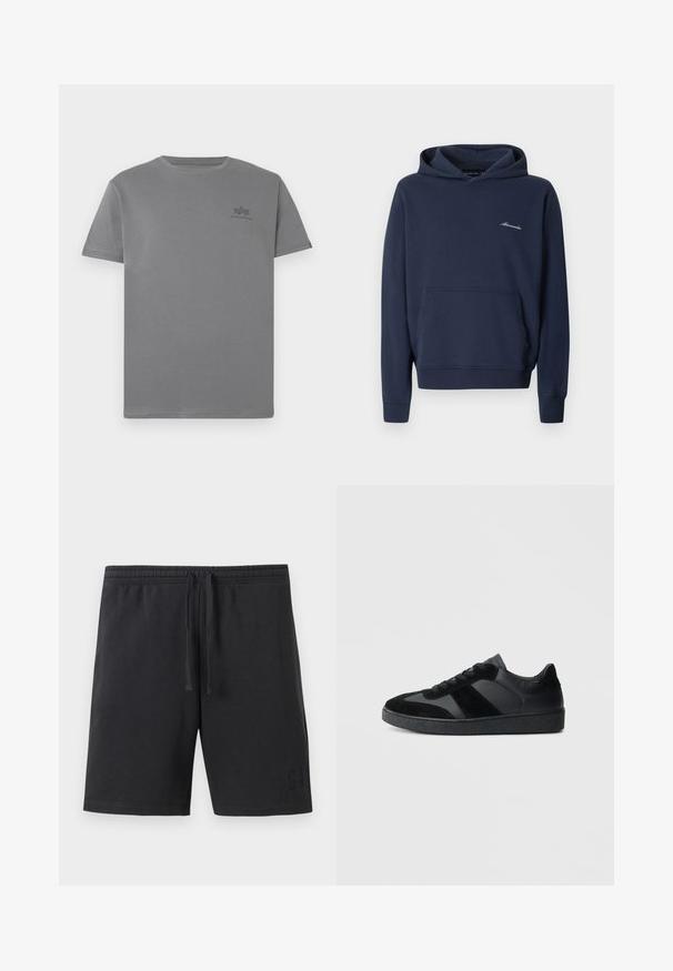 Sudadera con capucha azul marino con bolsillo frontal tipo canguro y pequeño logo blanco "Abercrombie" en el pecho izquierdo, mostrada sobre un fondo liso.; Camiseta de algodón gris con cuello redondo y mangas cortas. Presenta un pequeño logo negro en la parte izquierda del pecho. Textura suave.; Pantalones cortos casuales negros con cintura elástica y cordón, con un sutil logo de la marca en relieve en la parte inferior de la pierna izquierda.; Zapatillas negras que combinan cuero liso y ante, con una suela de goma negra texturizada y un sutil detalle de rayas.
