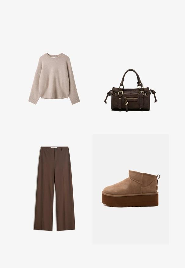Pull beige en laine à manches longues avec col rond côtelé, poignets et ourlet, présenté sur fond blanc.; Pantalons larges marron avec une texture lisse, des plis à l'avant, une fermeture à bouton et deux poches latérales. Conçus pour le confort et la polyvalence.; Bottine marron en daim de hauteur moyenne, style slip-on, avec une semelle épaisse compensée et un onglet à l’arrière sur fond clair.; Sac à main en cuir marron foncé avec double poignée, poche avant zippée, boucles décoratives et nœuds latéraux sur fond blanc.