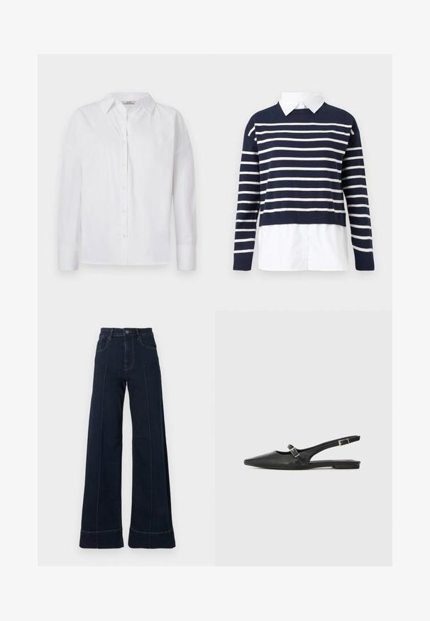 Marineblauwe trui met witte horizontale strepen, ronde halslijn, cropped ontwerp en een witte kraagshirt eronder. Textuurgebreid stof.; Witte button-up shirt van katoen, met lange mouwen, een klassieke kraag en subtiele stikdetails.; Donkerblauwe, wijde jeans met een hoge taille, voorzien van voorzakken en zichtbare stiksels. Gemaakt van denimstof met een gladde textuur.; Zwarte leren slingback schoenen met een spitse neus, voorzien van een smalle band en een zilveren gesp aan de zijkant. Platte zool.