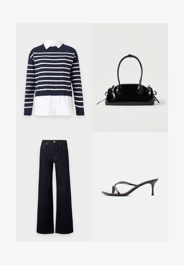 Pull marine avec des rayures horizontales blanches, col rond, design court et une chemise blanche en dessous. Tissu tricoté texturé.; Jeans large en denim bleu foncé, avec une taille haute, des coutures contrastées et un unique bouton métallique à l'avant.; Sandale à talon en cuir verni noir avec fines lanières croisées et talon aiguille moyen et élancé sur fond blanc.; Petit sac à main noir brillant avec deux longues anses et des détails à cordon sur les côtés sur un fond clair uni.