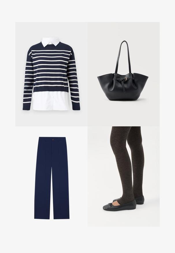 Marineblå sweater med hvide vandrette striber, rund halsudskæring, cropped design og en hvid skjorte under. Struktureret strikket stof.; Marineblå brede bukser lavet af glat stof, med forlommer, knaplukning og en skræddersyet design med folder.; Ben iført mørke ribbede leggings kombineret med sorte balletsko med små sløjfedetaljer på hvid baggrund.; Sort lædertaske med lange håndtag og en frontrem med en lille gylden spænde, sat mod en ensfarvet baggrund.