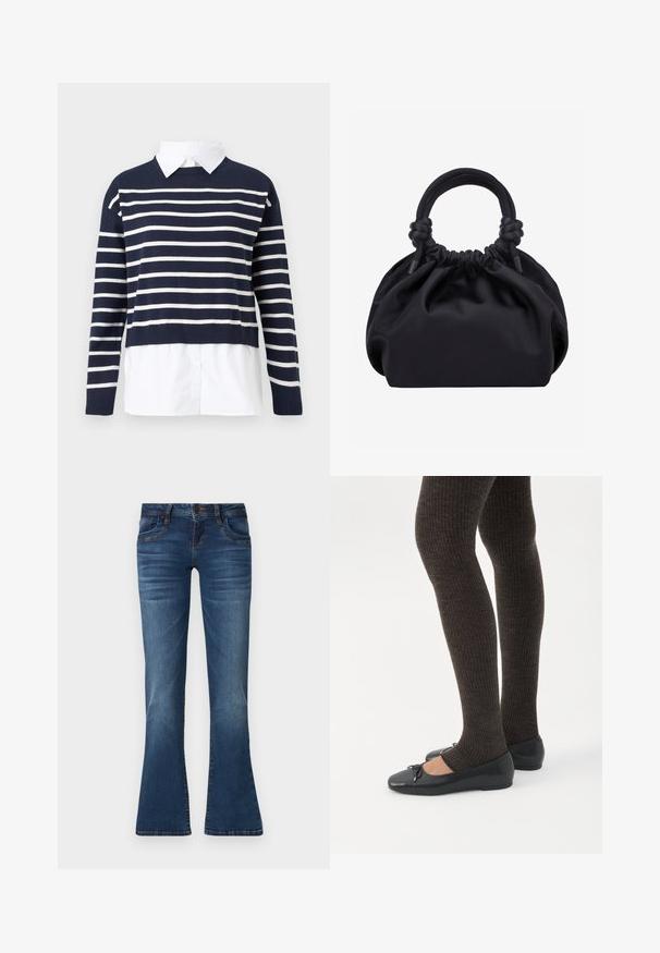 Marineblauwe trui met witte horizontale strepen, ronde halslijn, cropped ontwerp en een witte kraagshirt eronder. Textuurgebreid stof.; Blauwe denim jeans met een iets uitlopende pijp, sluiting met knopen aan de voorkant, zakken en subtiele vervaging details op de dijen en knieën.; Benen met donkere geribbelde leggings gecombineerd met zwarte ballerina's met kleine strikdetails op een witte achtergrond.; Zwarte zachte stoffen handtas met geplooide bovenkant en ronde gewatteerde handvatten, vastgeknoopt aan elke kant.